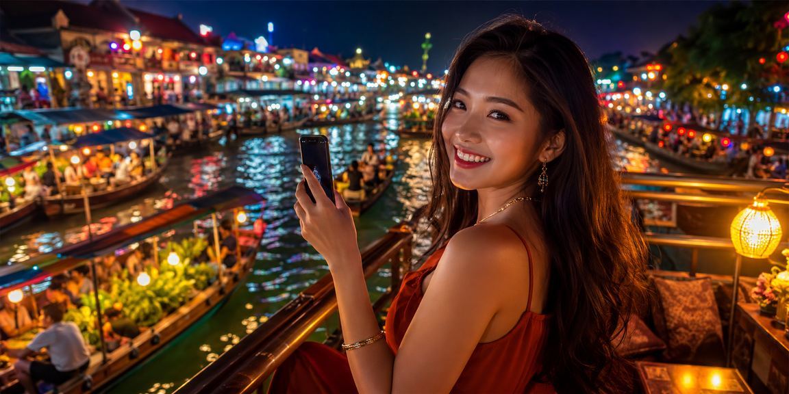 Người dùng xem kết quả xổ số trực tuyến trên điện thoại tại chợ đêm Hà Nội