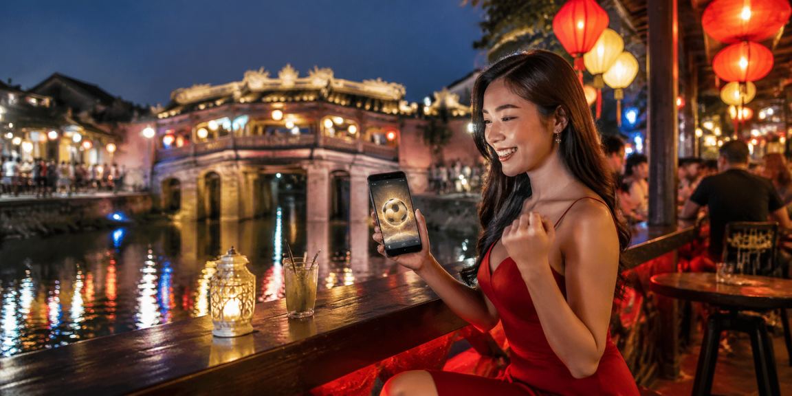 Người dùng xem kèo bóng đá tại chợ đêm Hội An qua điện thoại